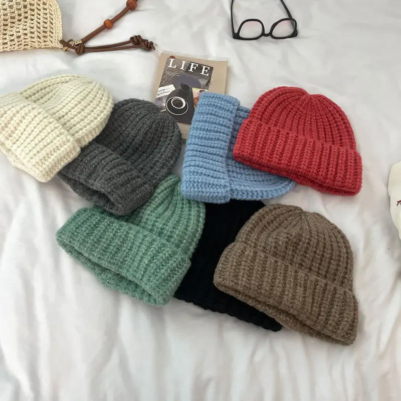 Solid Color Small Fresh Wool Hat Womens Autumn and Winter Warm Windproof Japanese Korean Melon Fur Knitted Beanie Hat Men 241214