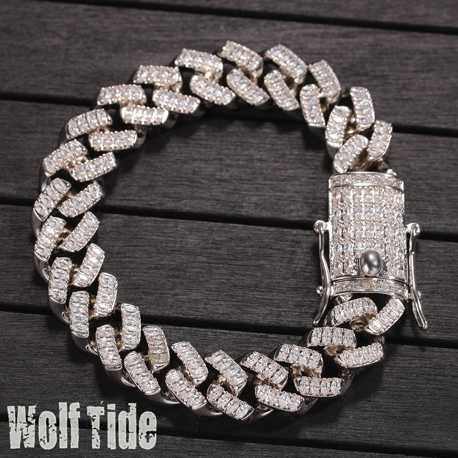 Fine Quality Iced Out Full Baguette Cubic Zirconia Mens Bracelet New In White Gold Prong Cz Stones Cuban Link Chain Bangle Bracelets Hip Hop Jewelry P