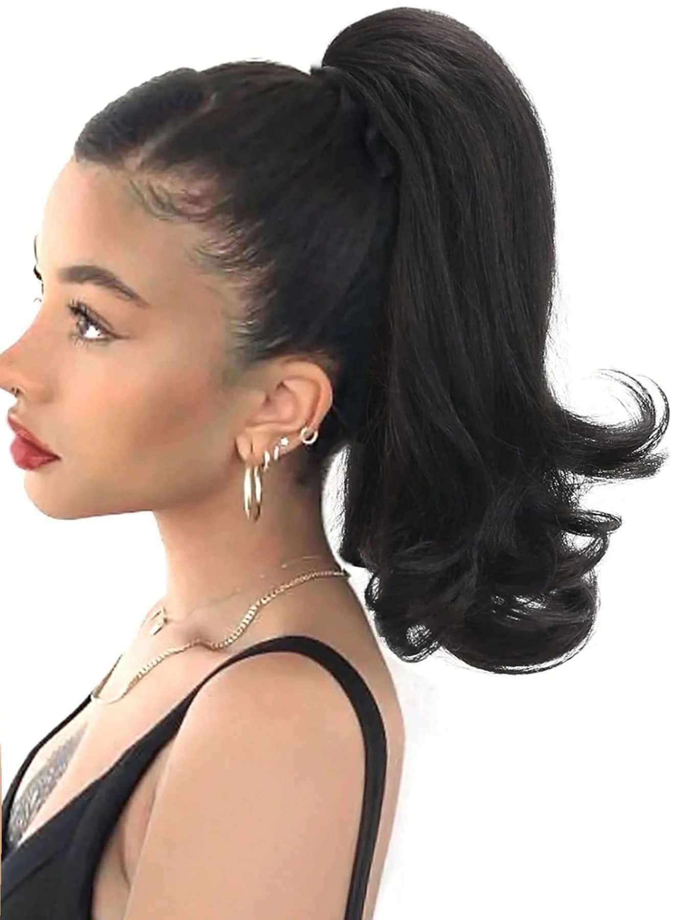14 Inch Black Long Curly Ponytail Extension Natural Fluffy Drawstring Clip in Ponytail Hairpiece for Women Synthetic Hair BunXJ241221