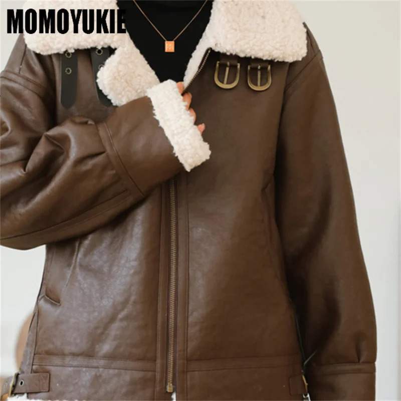 Winter Style Casual Loose Women Streetwear Faux Lamb Leather Fur Short Jacket Moto Biker Thick Warm Sheepskin Coat 241216