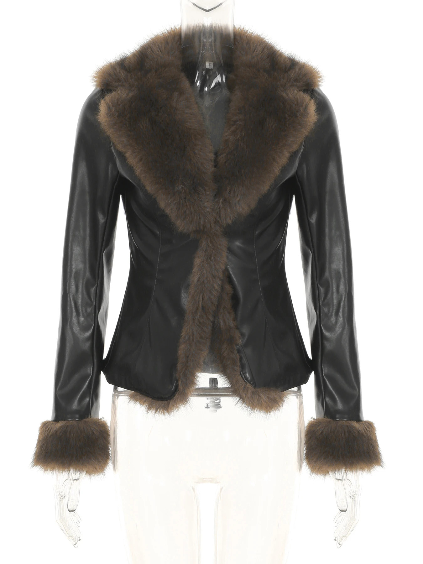 IAMSURE Casual Patchwork Fur Trim Pu Leather Jackets Slim TurnDown Collar Single Button Long Sleeve Coats Women Winter 241216