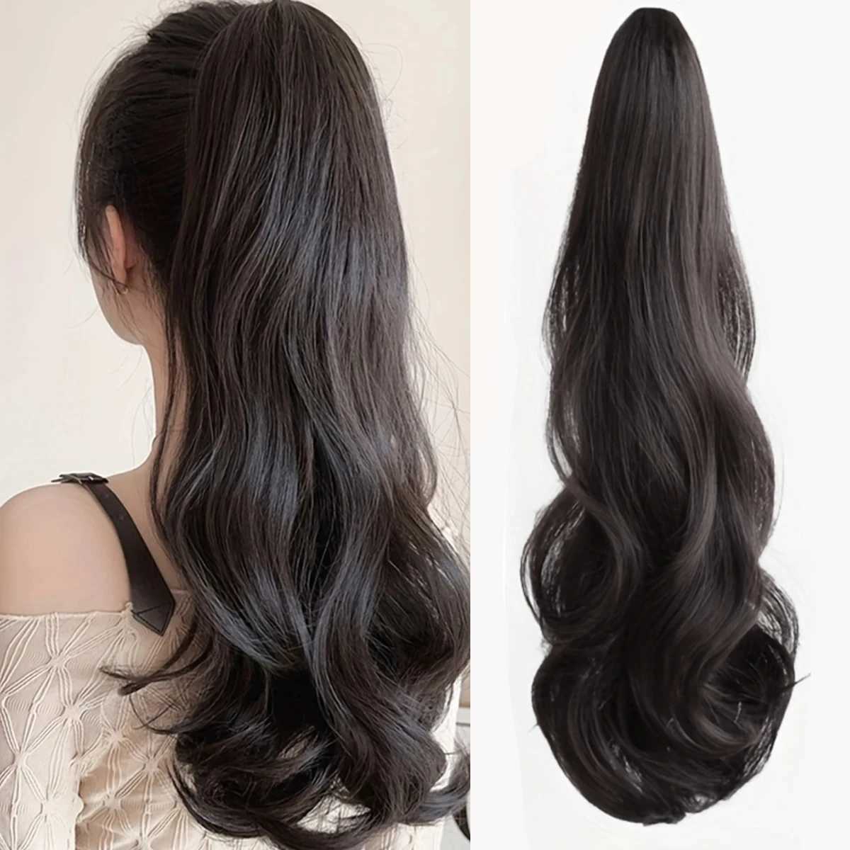 EASTSECRET Natural Synthetic Wave Grab Clip Ponytail Clip On Womans Ponytail Hair Extension Long Curly Hair Brown BlackXJ241221