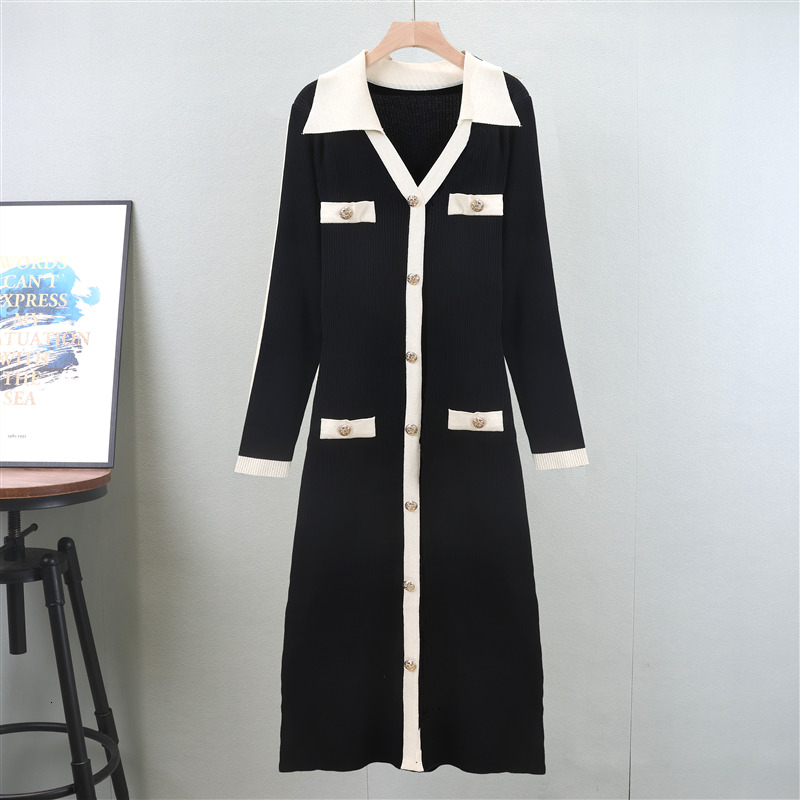 Knitting Women V-Neck Long-Sleeved Slim Elegant Casual Button Dress new France High-Quality Mid Length Skirt