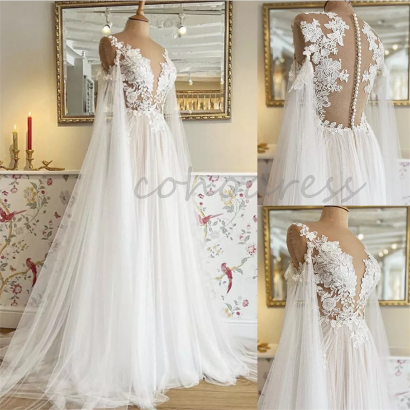 Fairy Cape Sleeve Boho Wedding Dress Ilusion Lace Bohemian Bride Dress A Line Tulle Country Bridal Gown Beach Civil Robe De Mariage 2025 Amazing Vesti