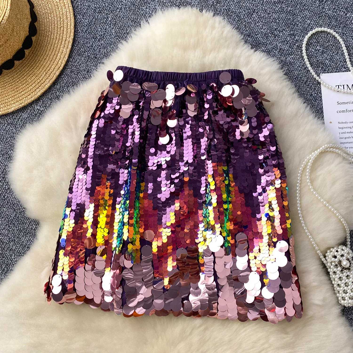 Women Chic Sexy Skirt color Sequin High Waist Korean Fashion Vintage Pencil Skirt Summer Clothing Short SkirtsXJ241221