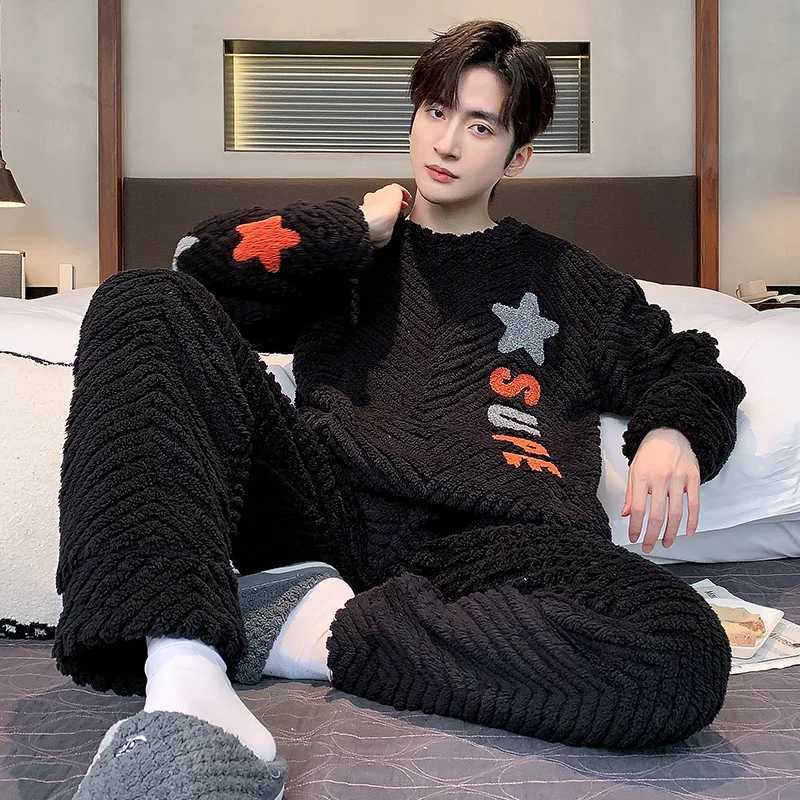 High quality thick warm flannel plus size mens pajamas winter pajamas casual wear fashionable striped pajamas W241221