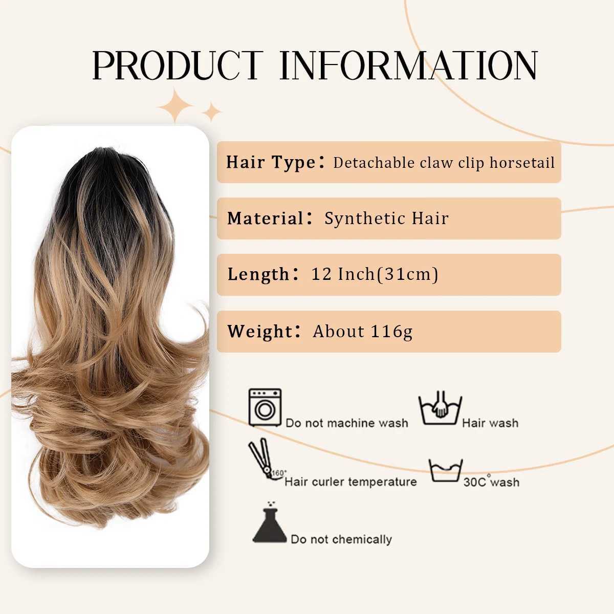 12 inch curled edge detachable claw clip ponytail extension synthetic wave fluffy drawstring claw clip style ponytailXJ241221