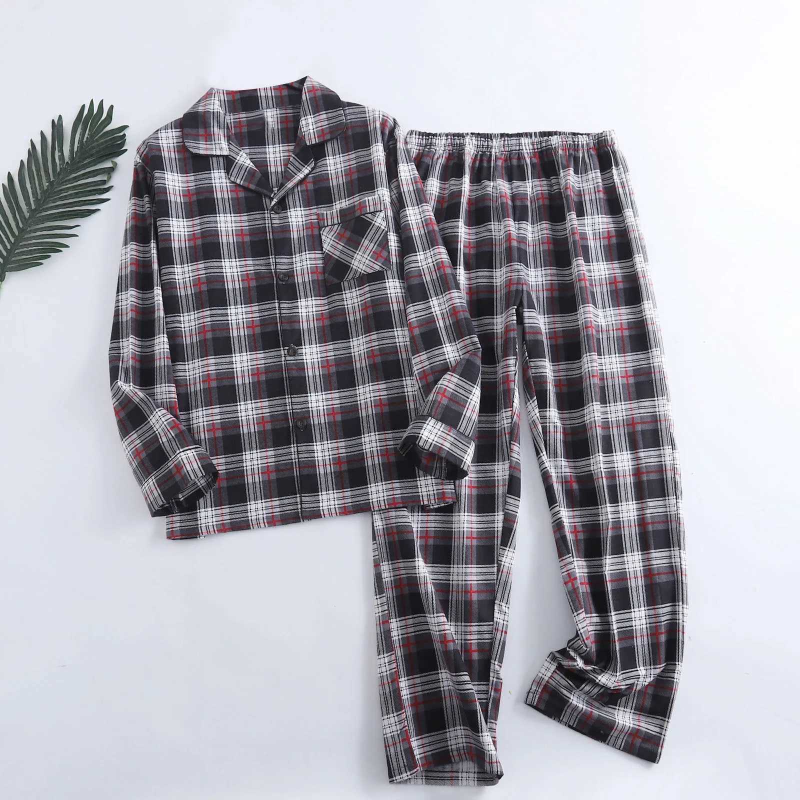 Mens family suit plain weave multi-color warm flannel long sleeved mens pajamas spring and autumn pajamas W241221