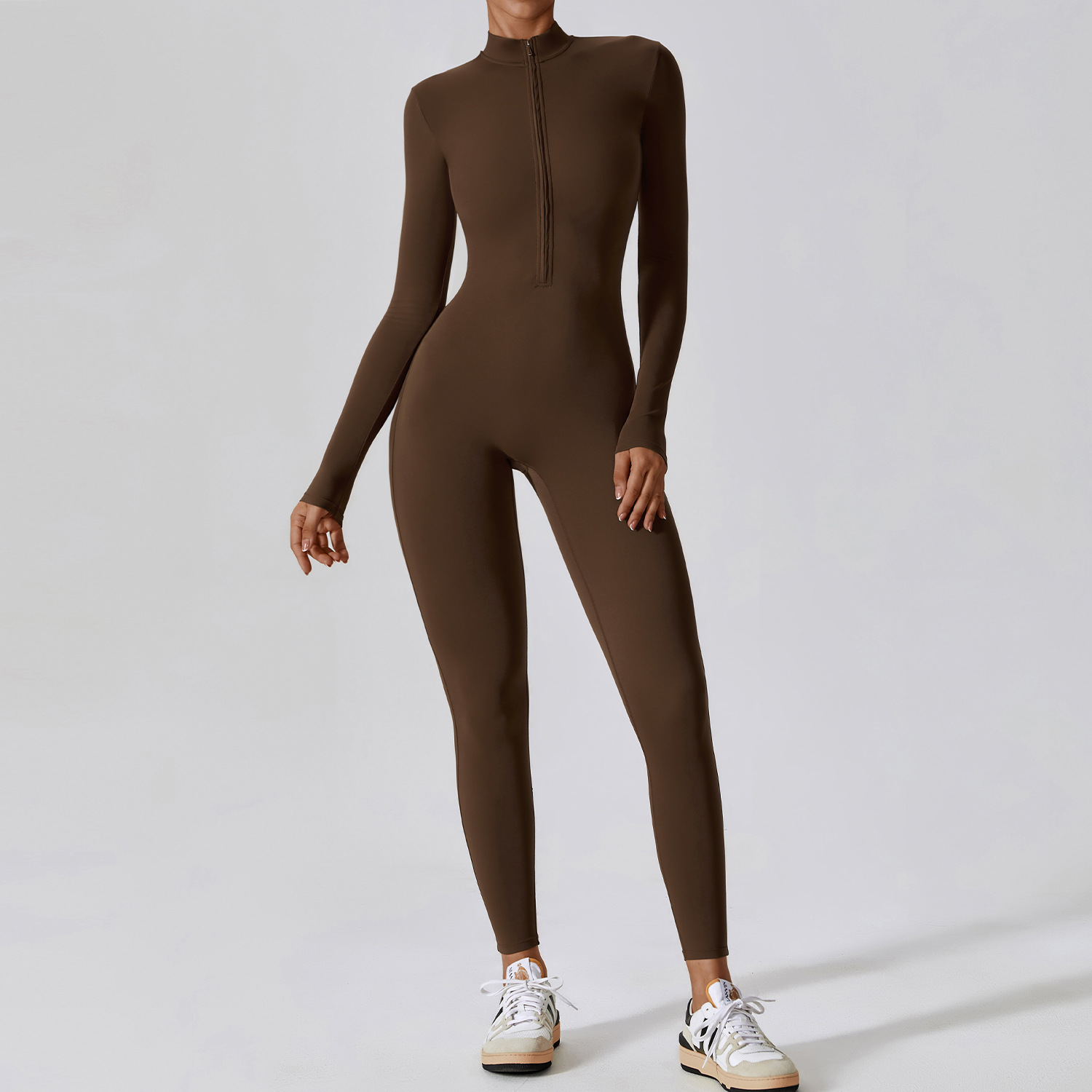 Zipper Nude Long Sleeve Yoga Bodysuit High Intensity Fitness Workout One Piece Leotard
