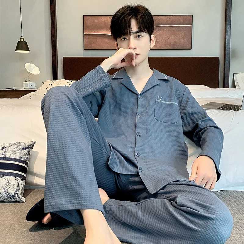3XL Plus size mens sleepwear Korean spring cotton plain weave long sleeved home wear sleepwear 2-piece set soft open collar casual wear W241221