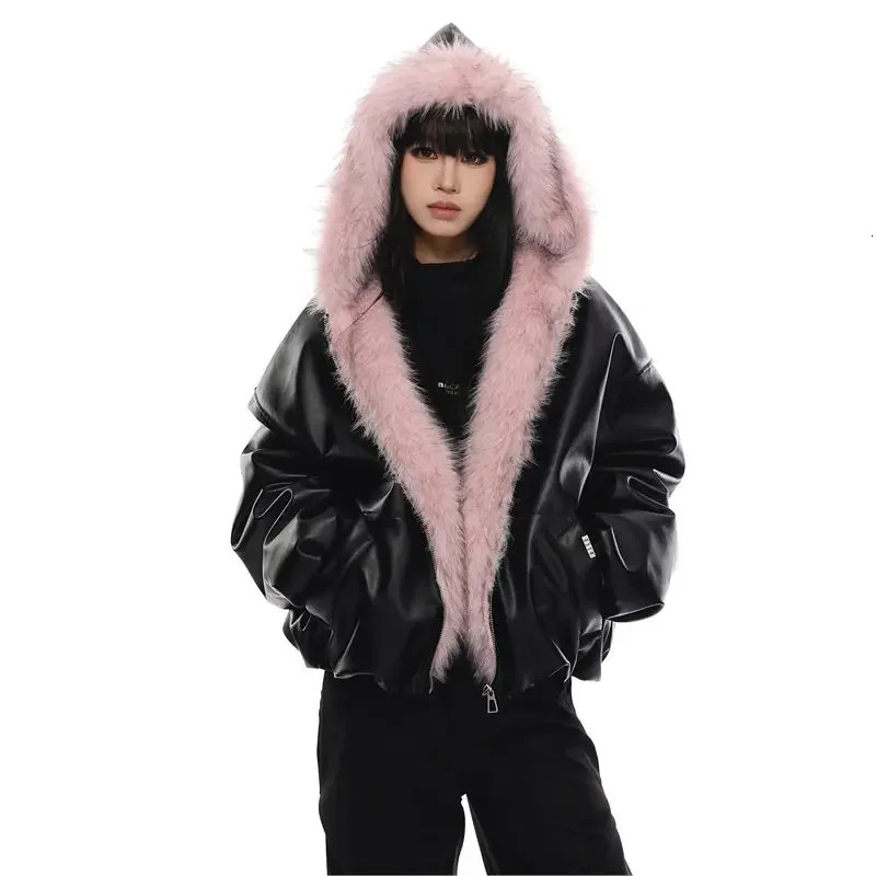 Y2K Trendy American High Street PU Fur Collar Hooded Leather Jacket Retro Goth Hiphop Zipper Unisex Loose 241216