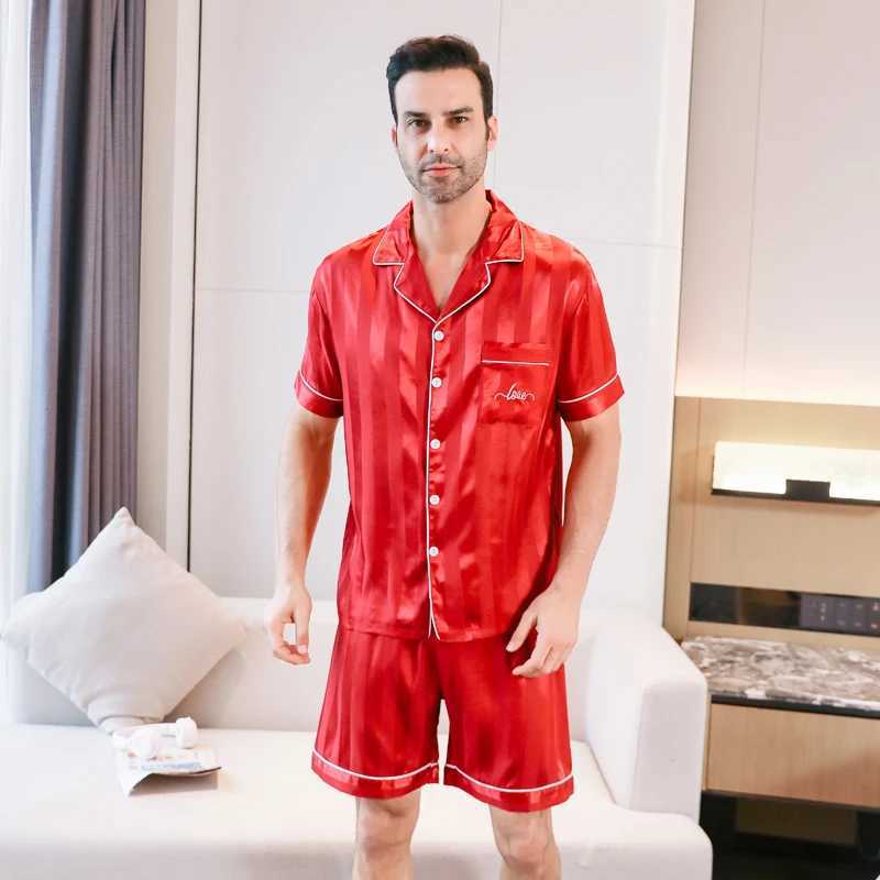 3-piece set of combination pajamas mens short sleeved pants ice silk summer stripes embroidered pajamas W241221