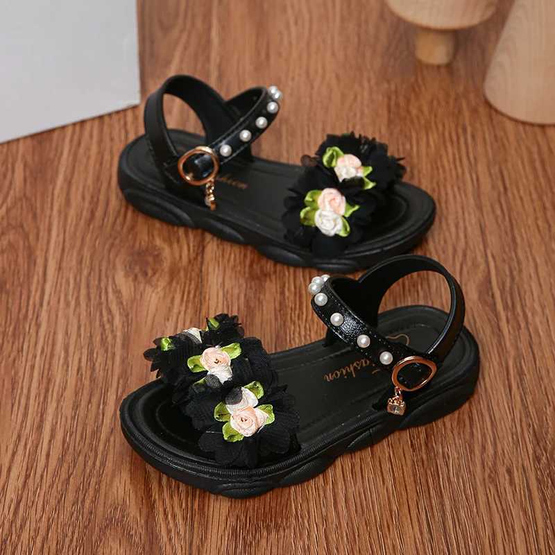 Sneakers Childrens Sandals Summer Princess Lace Bow 2024 New Girls High Heels Little Girls Soft Sole Sandals Black Pink H241221