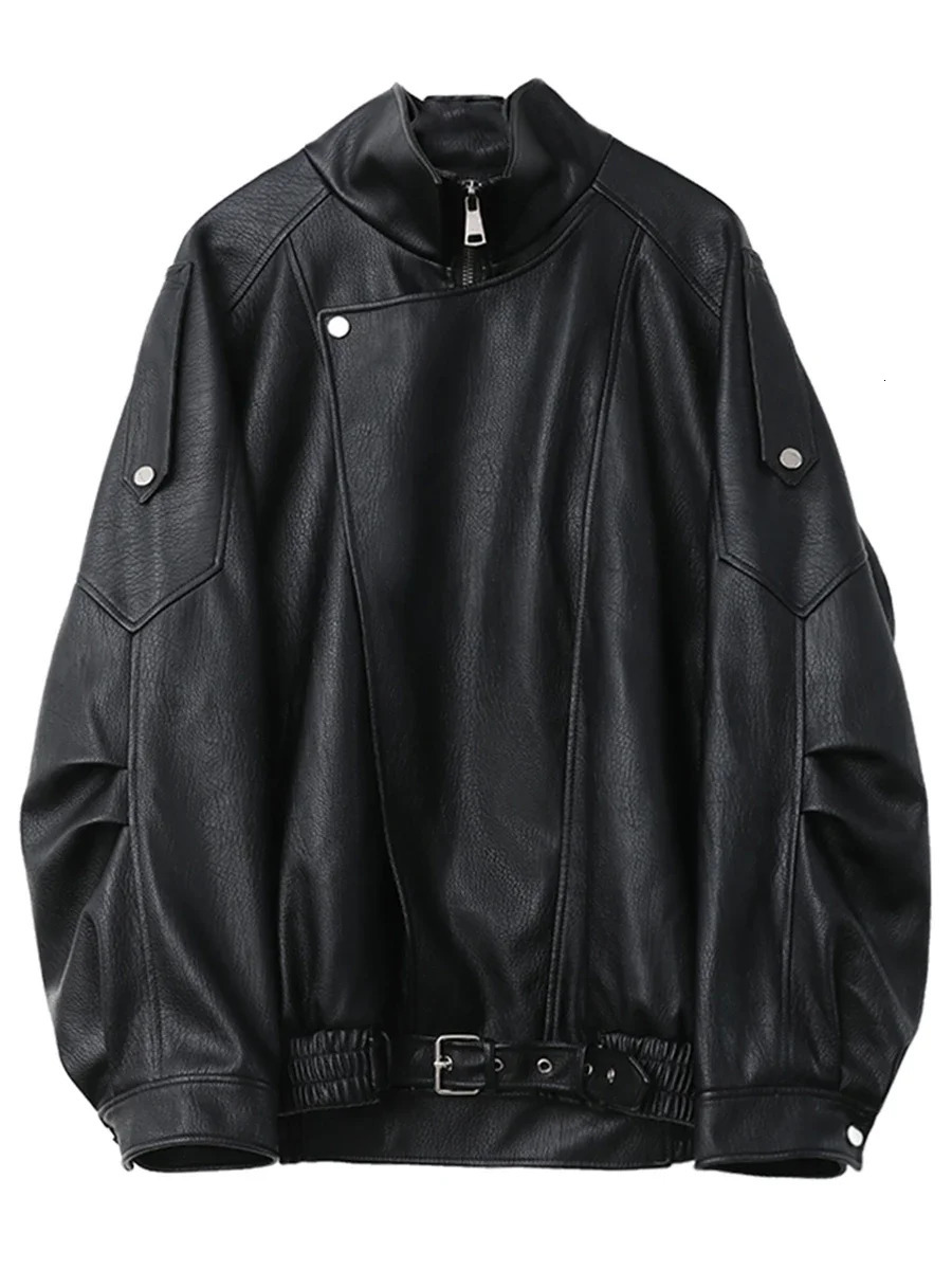 CHIC VEN Female PU Jacket Solid Loose Retro Standing Collar Motorcycle Faux Leather Coat Top Spring Autumn 241216