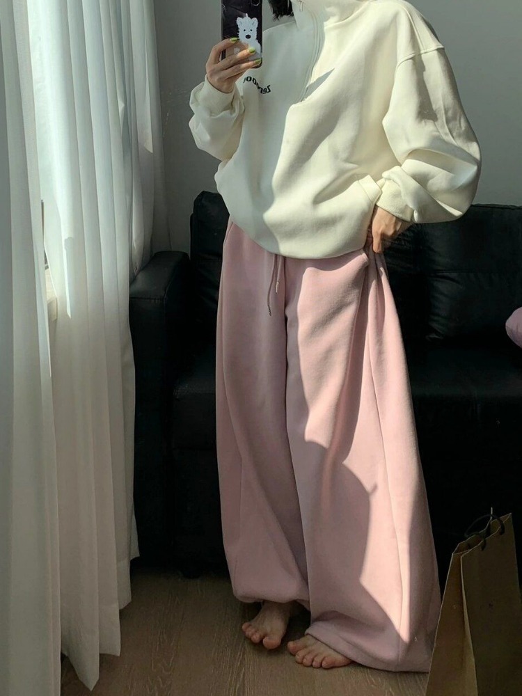 Y2k Vintage Baggy Warm Sweatpants Pink Thick Korean Fashion Oversized Pants Haruku Streetwear Trousers Winter Autumn