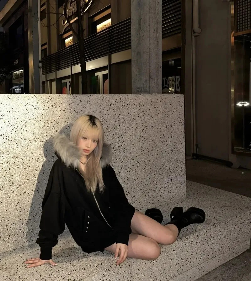 Street Fur Collar Black Zipper Hoodie Loose Casual Sweatshirt Coat Haruku Vintage Thickened Windproof Jacket Men And Women
