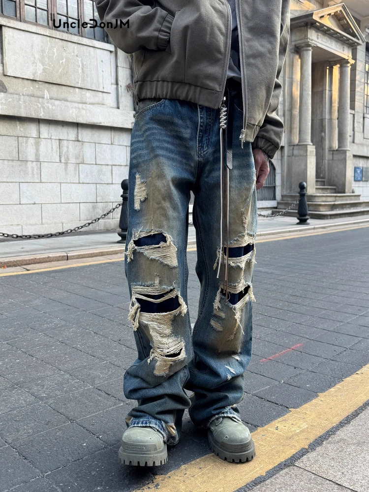Uncledonjm Vintage Blue Yellow Mud Washed Ripped Jeans Street Wear Men Damaged Fringed 241218
