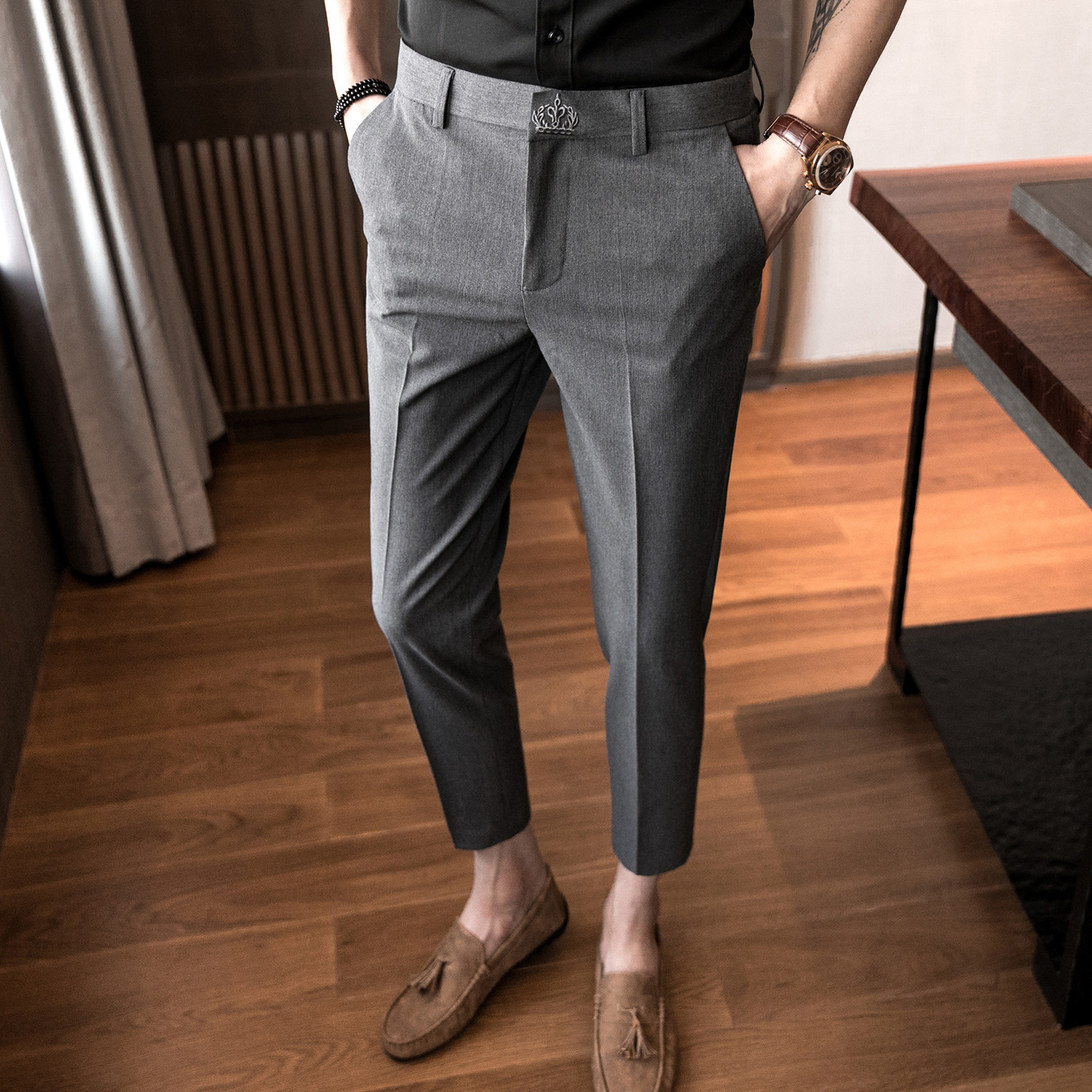 Embroidered Men's Business Dress Pants Slim Fit Office Social Suit Pants Casual Trousers Streetwear Black White 210527