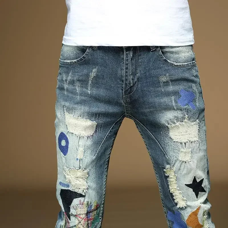 Male Cowboy Pants Torn Star Trousers with Holes Jeans for Men Broken y Ripped Cropped Korean Fashion Washed Casual Soft 241218