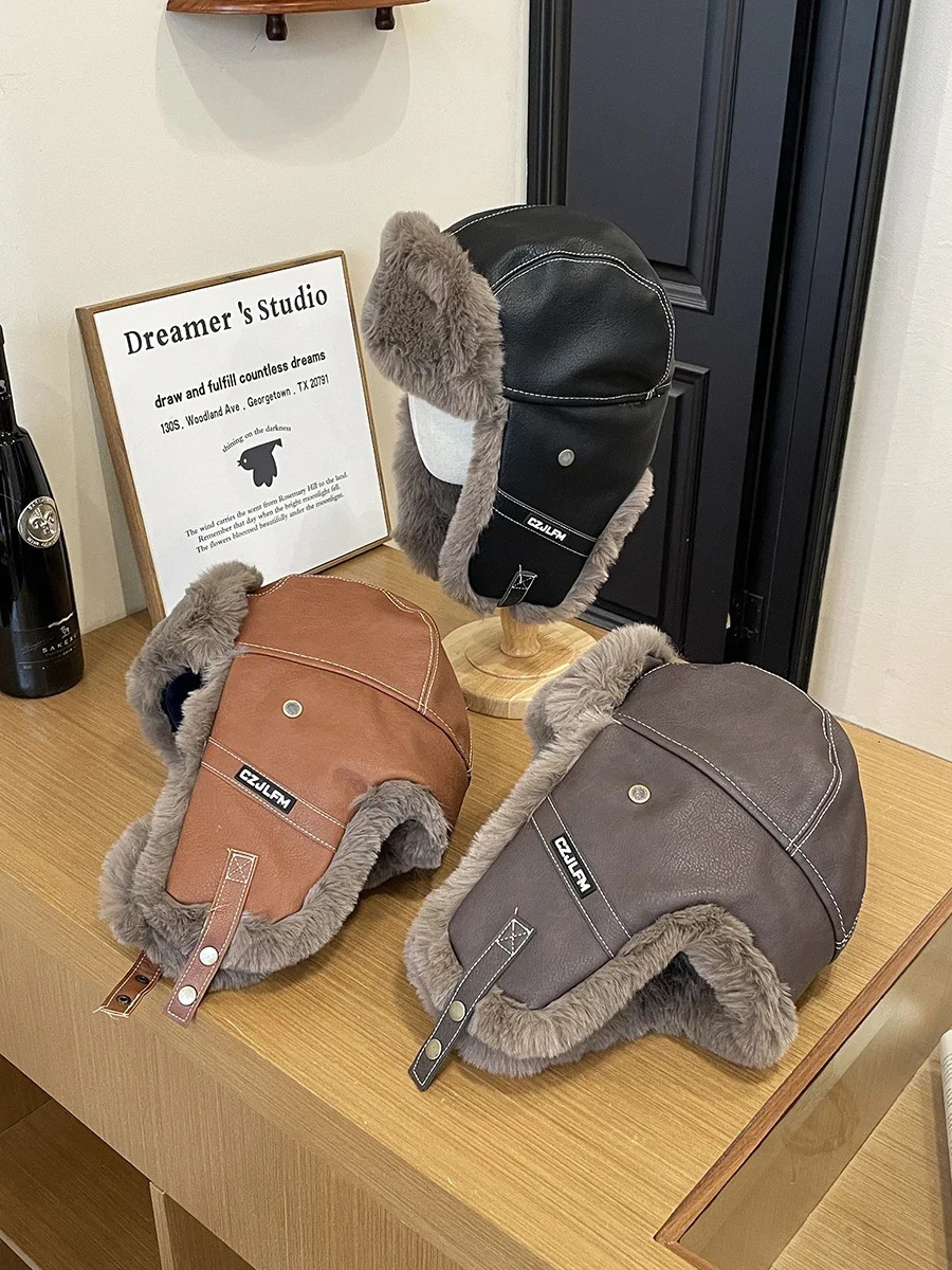 Leather filling material Lei Feng hat mens and womens big head warm bicycle ear protector outdoor plug thick pilot hat 241220