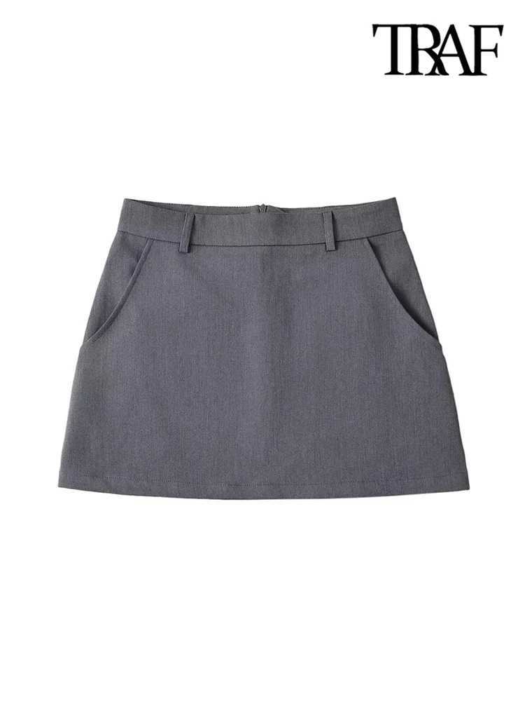 TR-Womens Solid Mini Skirt with Pockets High Waist Back Zipper Fe Skirts Chic FashionXJ241221
