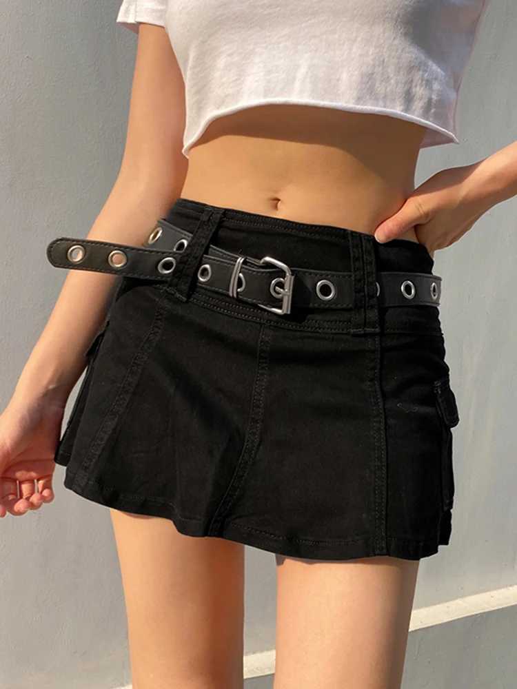 Sweetown White A Line Y2K Denim Shorts Skirts Womens Black Side Pocket Casual Cargo Jean Skirt Simple Preppy Tennis OutfitsXJ241221