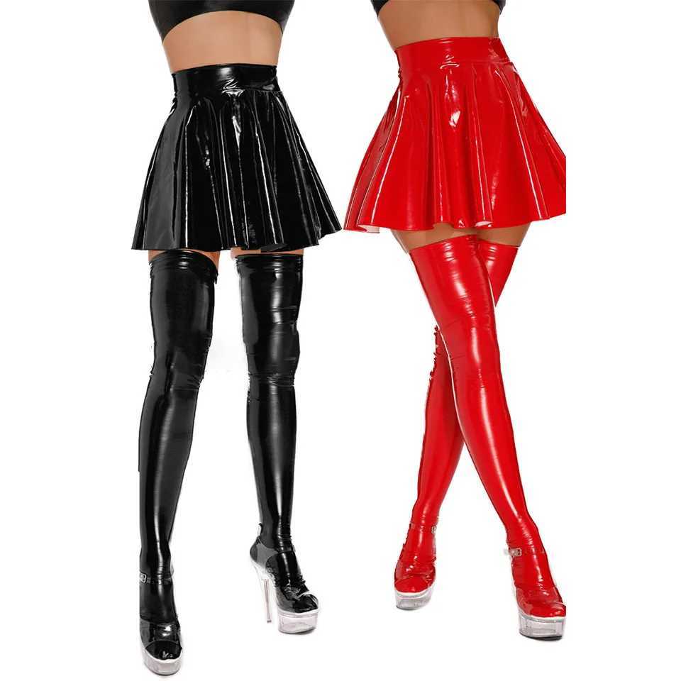 Womens Sexy Wet Look PVC Lacquer Leather Pleated High Waisted Skirt Short Dance Party Clubwear Lingerie Nightclub Fe SkirtsXJ241221