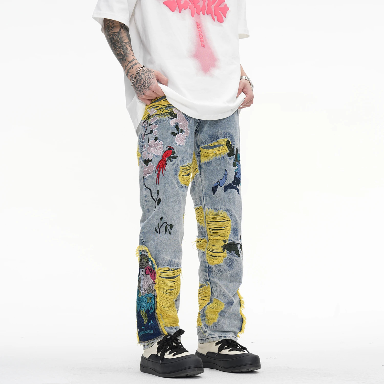 Harajuku Oil Painting ed Tassel Denim Ripped Jeans for Men Streetwear Washed Destroyed Pleated Straight Leg Pant Jean 241218