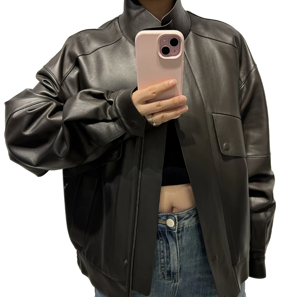 YOLOAgain Womens Real Leather Jacket Oversized Sheepskin Coat Autumn Outerwear 241216