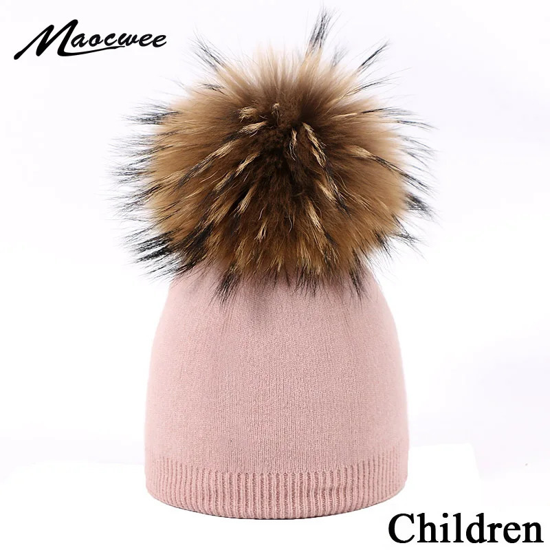 Childrens Knit Hexagonal Watermelon Beanie Hat Raccoon Fur Pom Winter Hat Boy Girl Warm Skullies Bone Kids Baby Soft Cap 241214