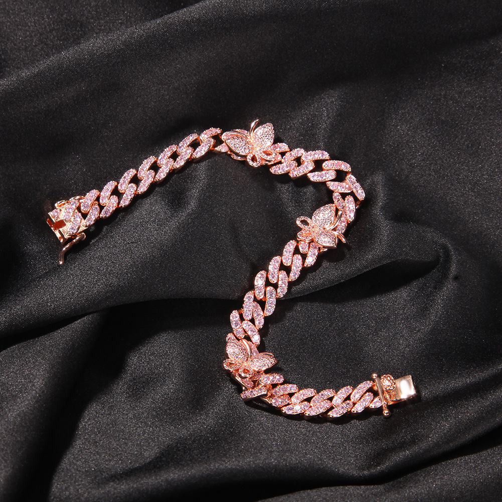 9mm 7-9inch Full Cz Stones Iced Out Butterfly Charms Bracelet Anklet Aesthetic Copper Prong Cubic Zirconia Hip Hop Cuban Link Chain Bangle Bracelets B