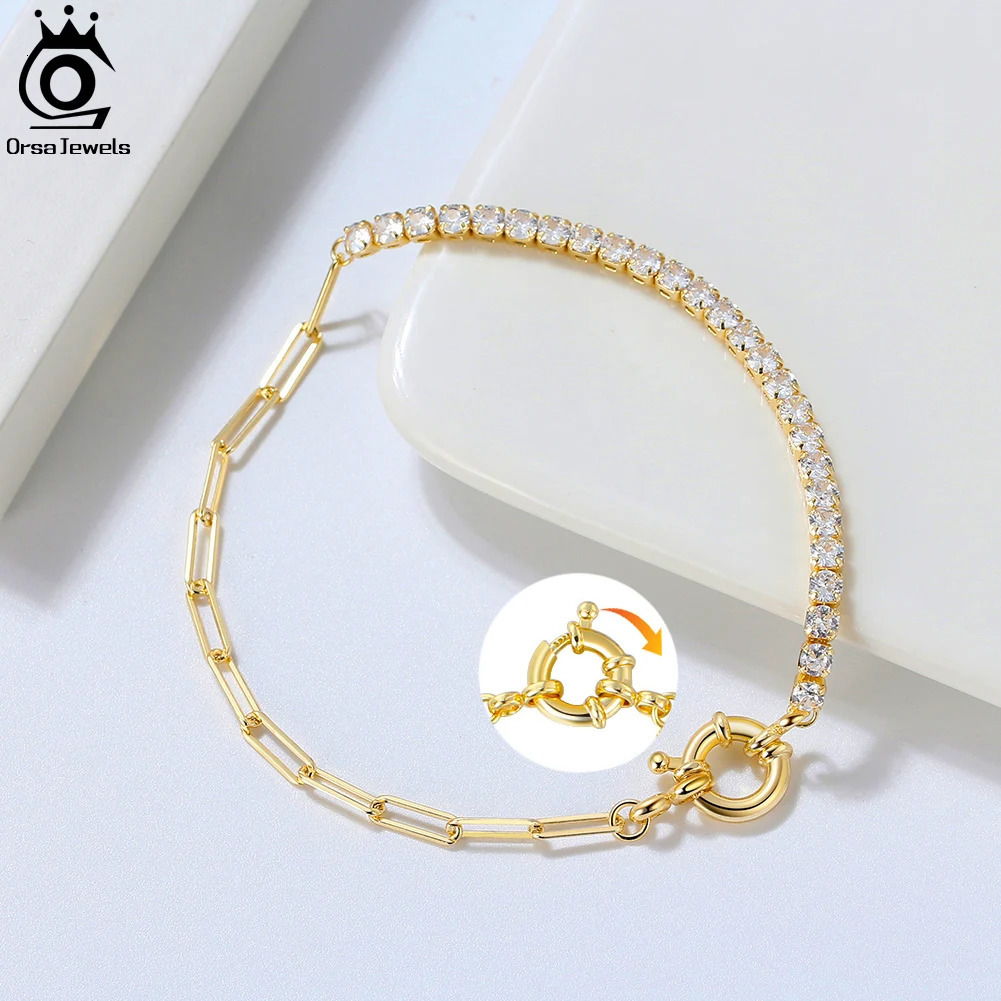 ORSA JEWELS 925 Sterling Silver Paperclip Chains Tennis Bracelet for Women Cubic Zirconia Chain Bracelet Fashion Jewelry SB119 241220