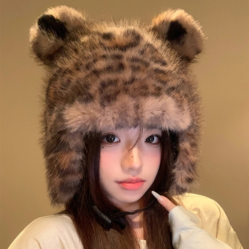 American mink leopard printed bear ear thunder wind hat for men and women winter plush warm ear protector Russian hat 241220