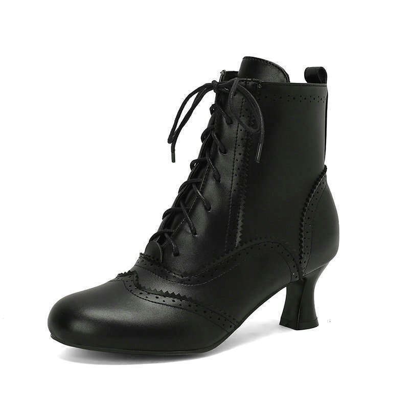 British Style Women's Short With Burnt Flower Hollow Round Head, Thick Heel, High Heels, Front Tie And Ankle, Fashionable Martin Boots