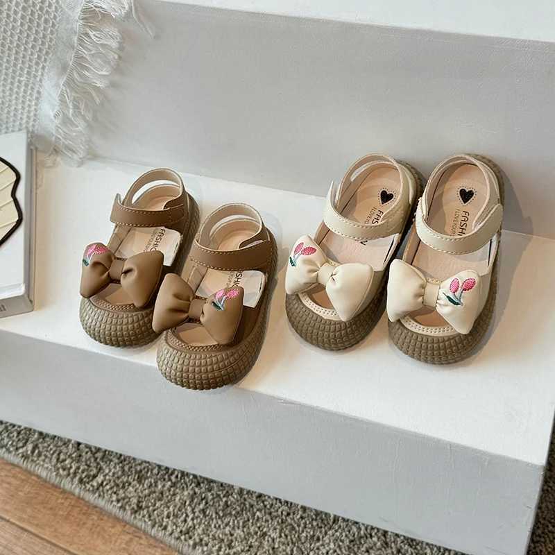 Sneakers Girls Fashion Sandals Beige Bow Girls Baby Toddler Shoes Summer New Khaki Lightweight Non-slip Childrens Sandals Girl Shoes H241221