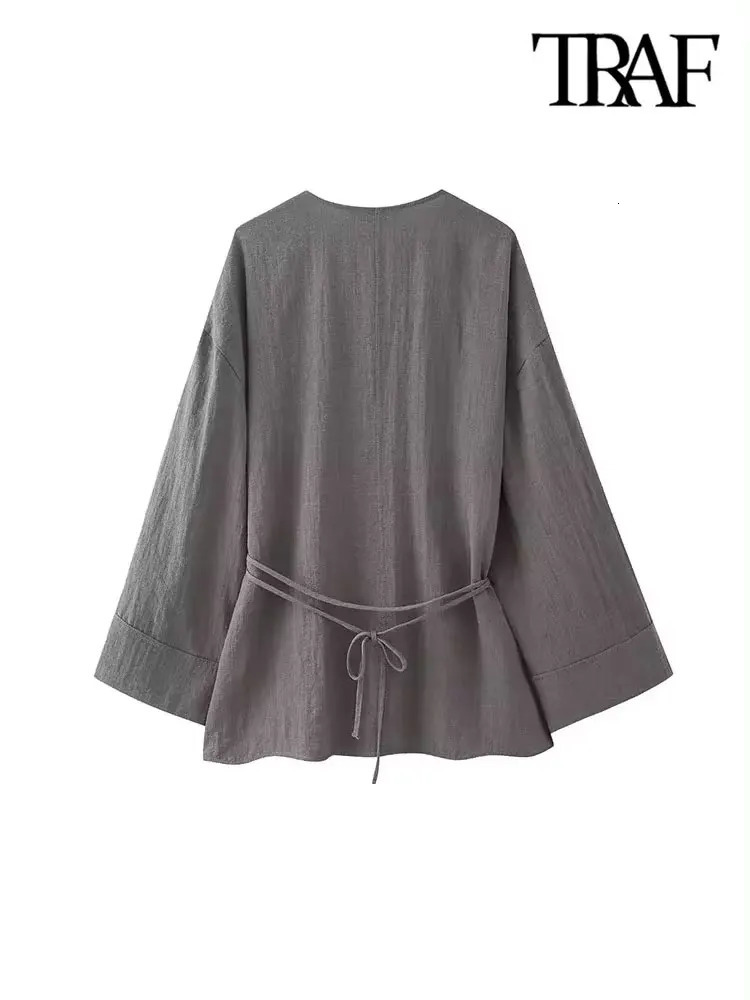TRAFWomens Textured Crossover Kimono Blouses Side Ties Long Sleeves Loose Female Shirts Chic Tops Fashion 241218