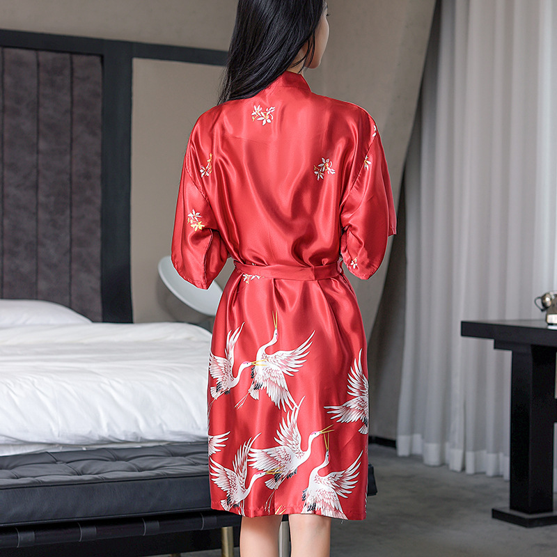 B415-New red bridal morning gown summer ice silk sling newlywed nightgown female half-sleeved cardigan pajamas set