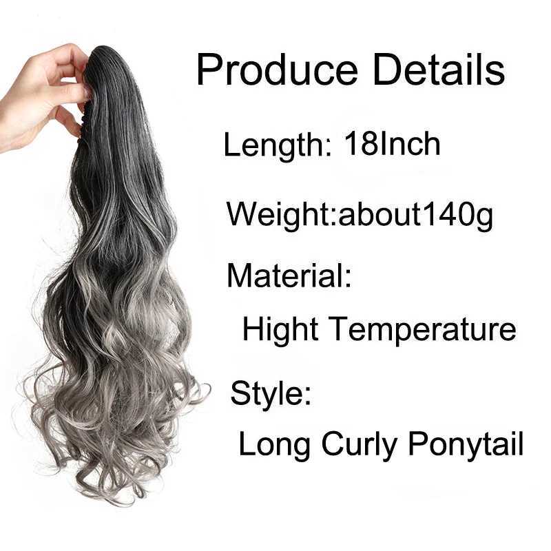 18Inch Synthetic Long Wavy Curly Ponytail Claw Clip in Hair Extension Black Grey Hairpiece for WomenXJ241221