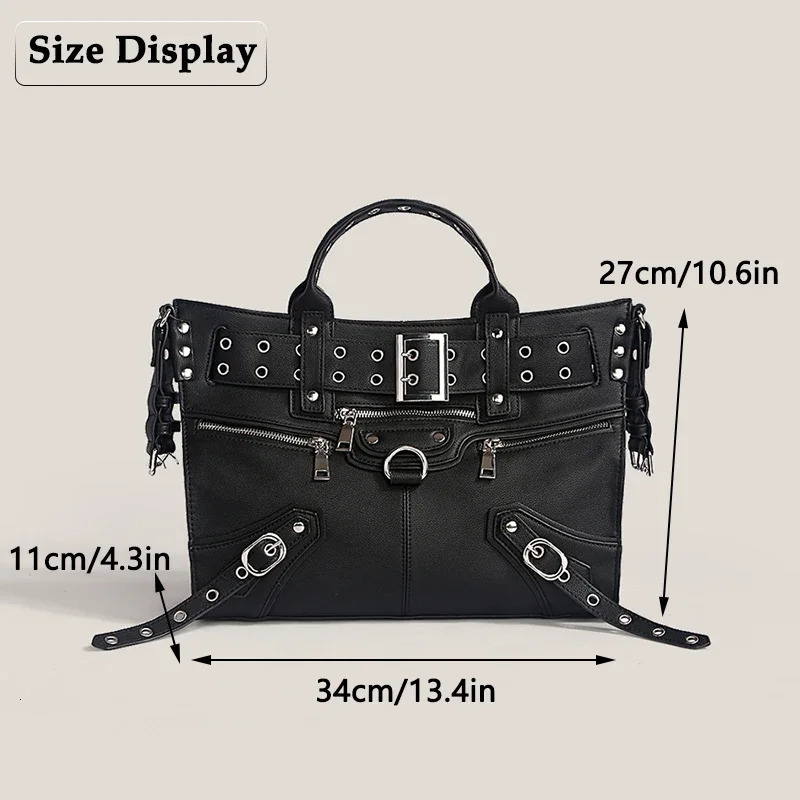 JIOMAY Women Black Goth Bag Fashion Woman Ladies Moto and Biker Style Shoulder Bag Rivet Belt Large Capacity Tote Bag 241217