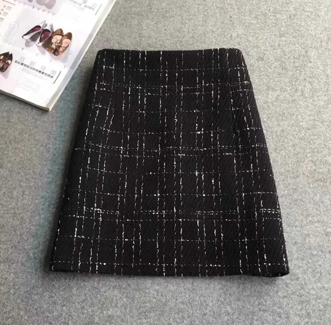 Glittery Tweed Skirt for Women High Waist with Gold Thread Pencil Mini Skirt Ladies Autumn WinterXJ241221