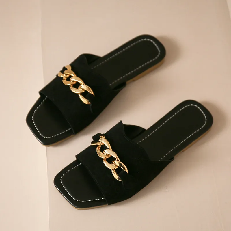 Fad Summer New Chain Women's Slippers Female Slides Beach Shoes Woman Open Toe Flats Sandals Women