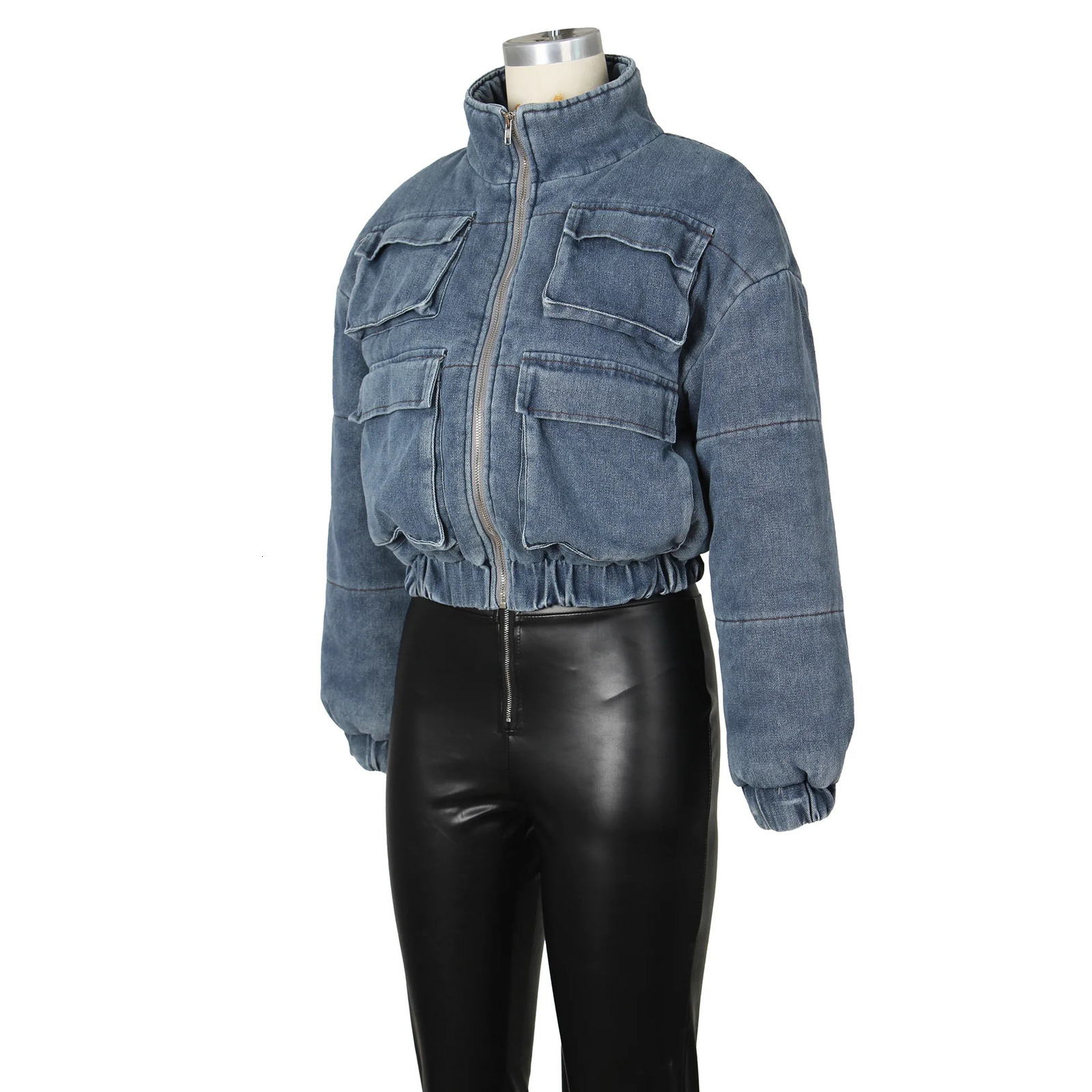 Women Jacket Winter Fashion Multi-Pocket Long Sleeve Puffer Denim Jackets Autumn Casual Thicken Crop Bubble Jeans Jacket Coat 241216