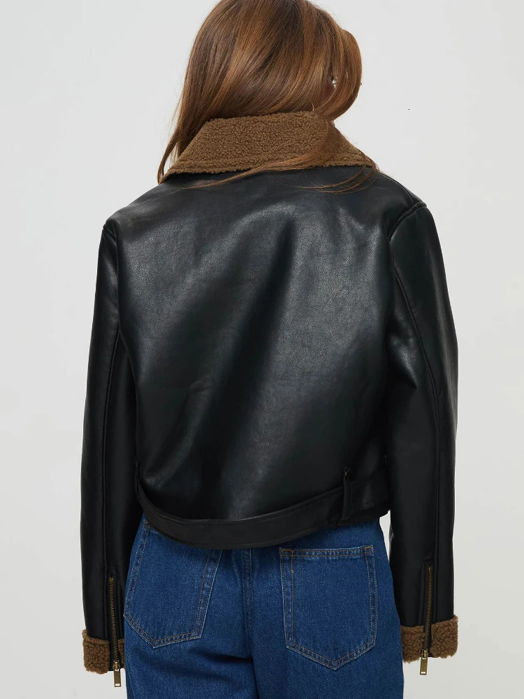 ZBZA Women PU Leather Locomotive Jacket Thicken Long Sleeves Lapel Oblique Zip Pocket Warm Outerwear Winter Female Fashion Coat 241216