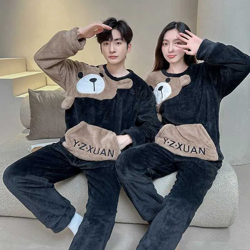 Unisex flannel sleepwear new womens winter warm wool couple sleepwear set couple sleepwear cute cartoon sleepwear W241221