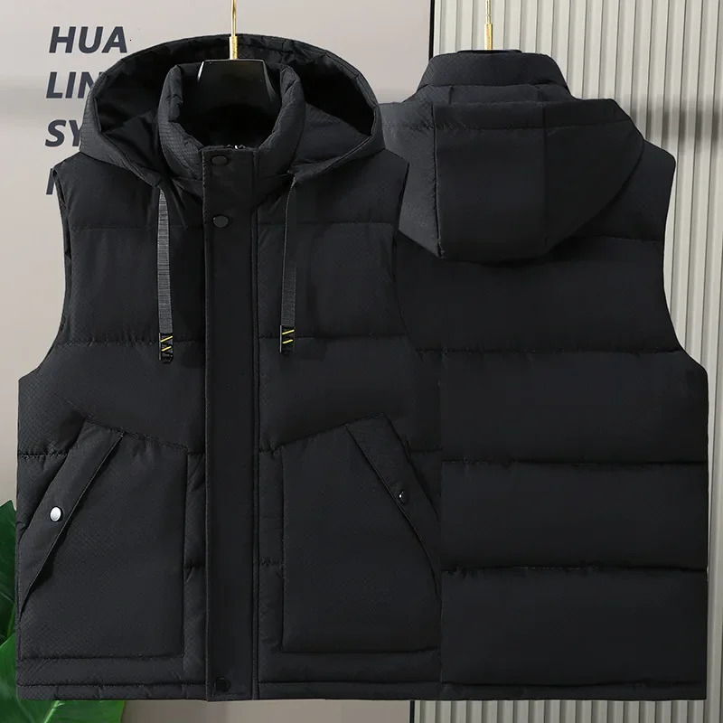 Big Size Men Padded Vest Winter Hooded Zip-up Sleeveless Jacket Padding Golf Cotton Waistcoat Work Warm Large Pocket Plus 8XL