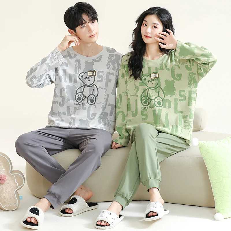 Autumn Cartoon Bear Womens Pajama Set Couples Pajama Korean Pajama Long Sleeve Cotton Pajama W241221