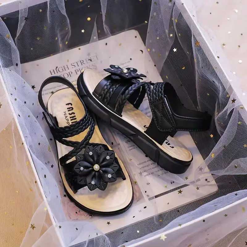 Sneakers Trendy Cute Flower Decor Solid Color Open Toe Sandals For Girls Breathable Lightweight Wear-resistant Sandals For All Seasons H241221
