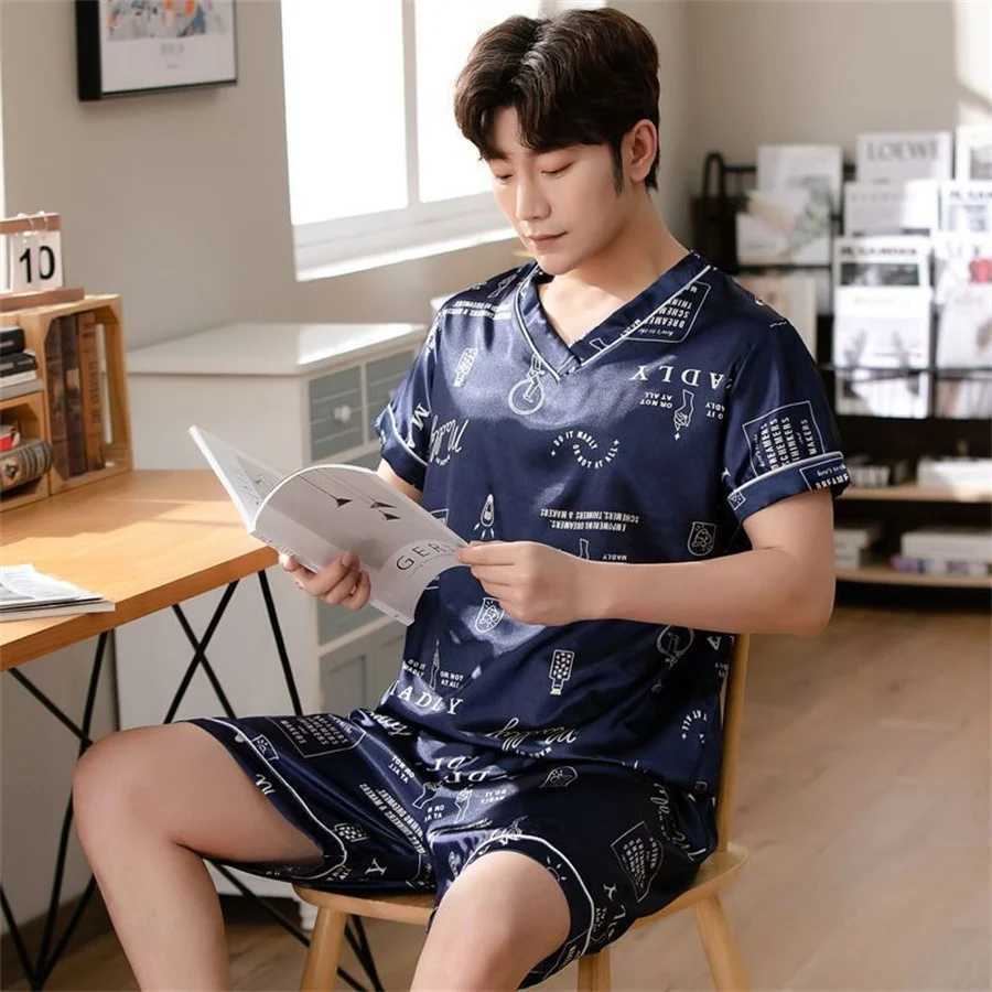 2024 New Mens Pajama Set Summer Short sleeved Ice Silk Top and Shorts Mens Soft Pajama Printed Home Clothing Casual Clothing W241221