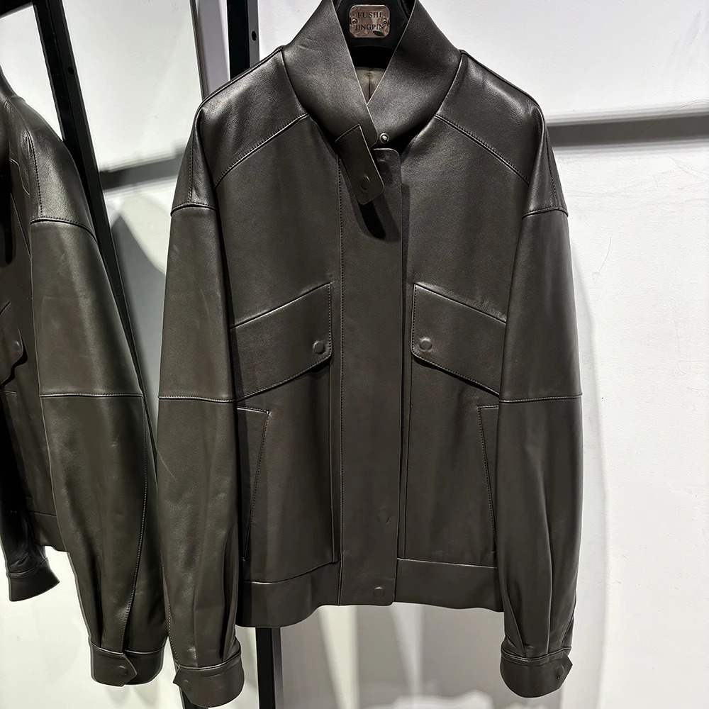 YOLOAgain Womens Real Leather Jacket Oversized Sheepskin Coat Autumn Outerwear 241216