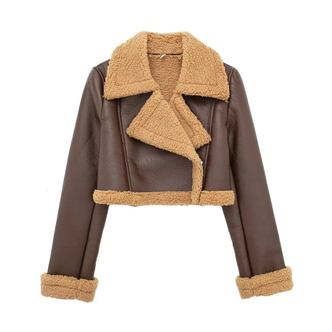 Women Double Faced Biker Jacket Faux Leather Warm Lambswool Thicken Tabbed Lapel Female Short Coat PU Outerwear 241216